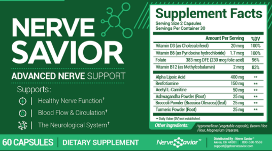 Nerve Savior Ingredients Supplement Label